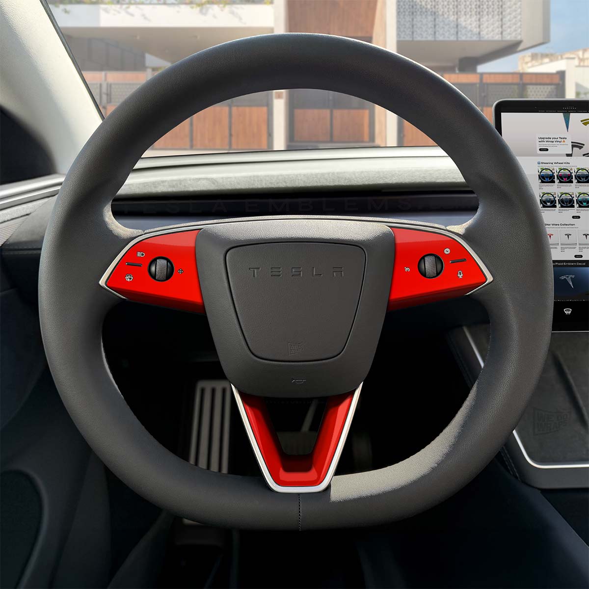3M Gloss Hot Rod Red Tesla Steering Wheel Trim Decal Kit (3pcs) | MY 2026+ Refresh