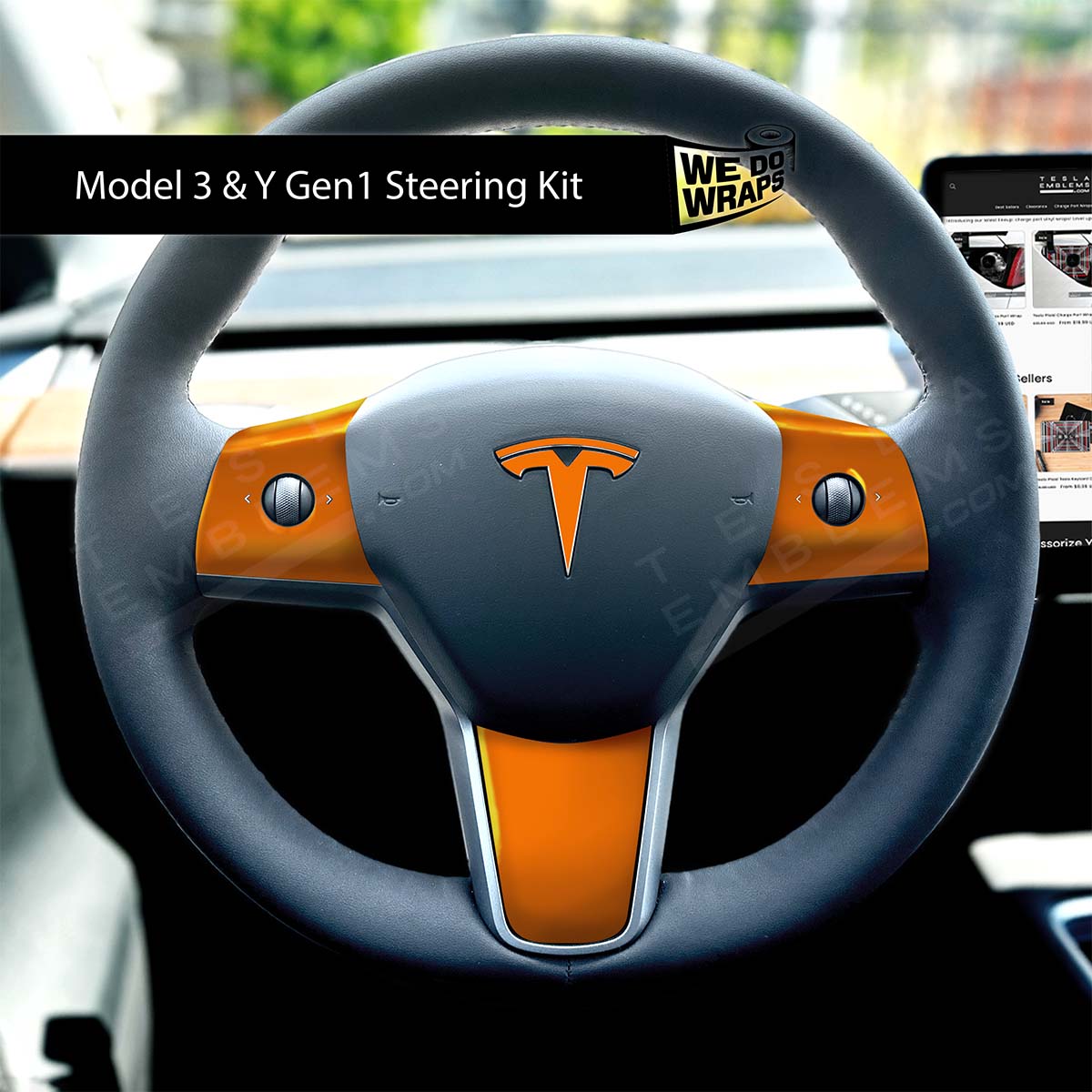 3M Gloss Deep Orange Tesla Steering Wheel Wrap | MY 2019-'25
