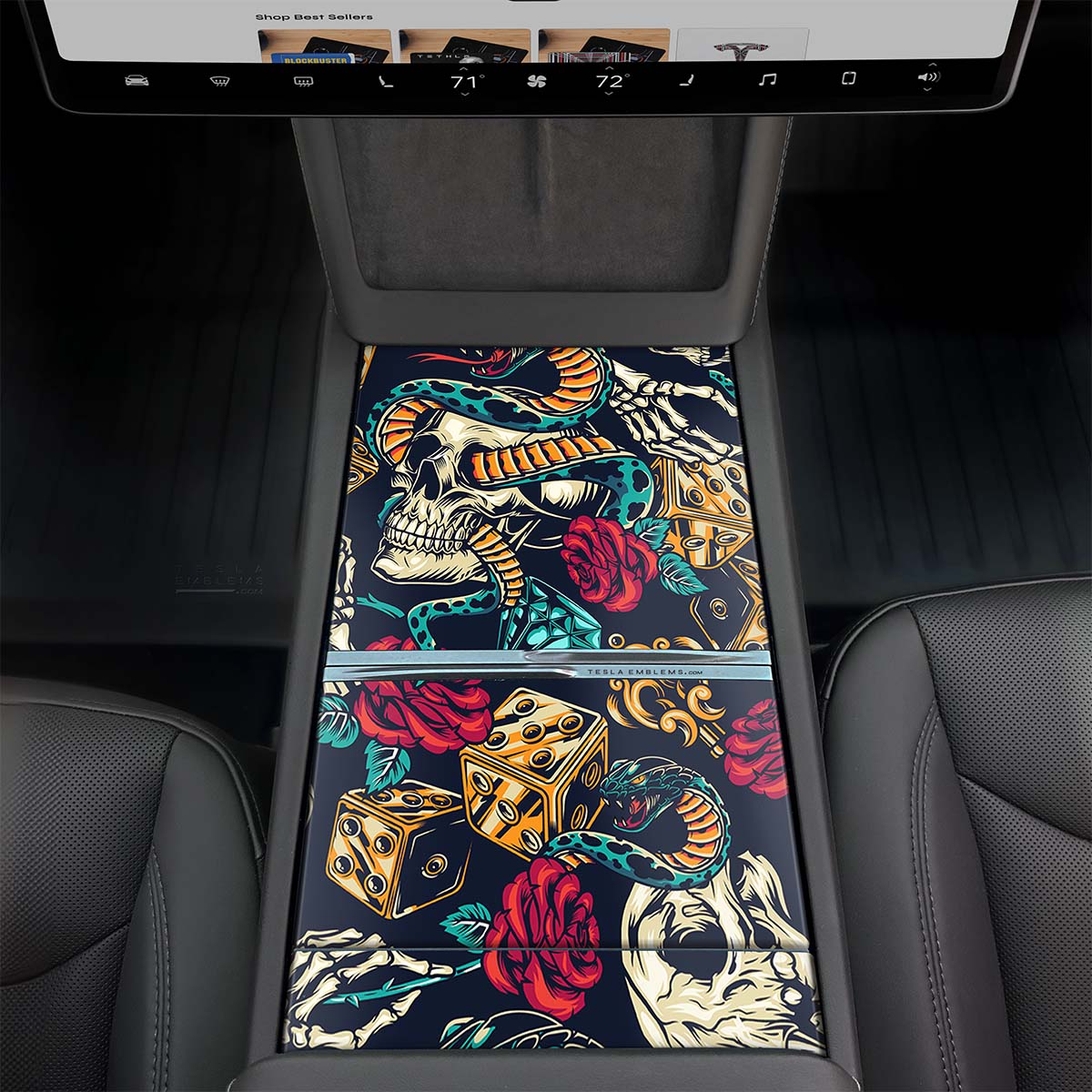 Skull & Rose Tattoo Art | Tesla Center Console Wrap Kit | Model Y 2026